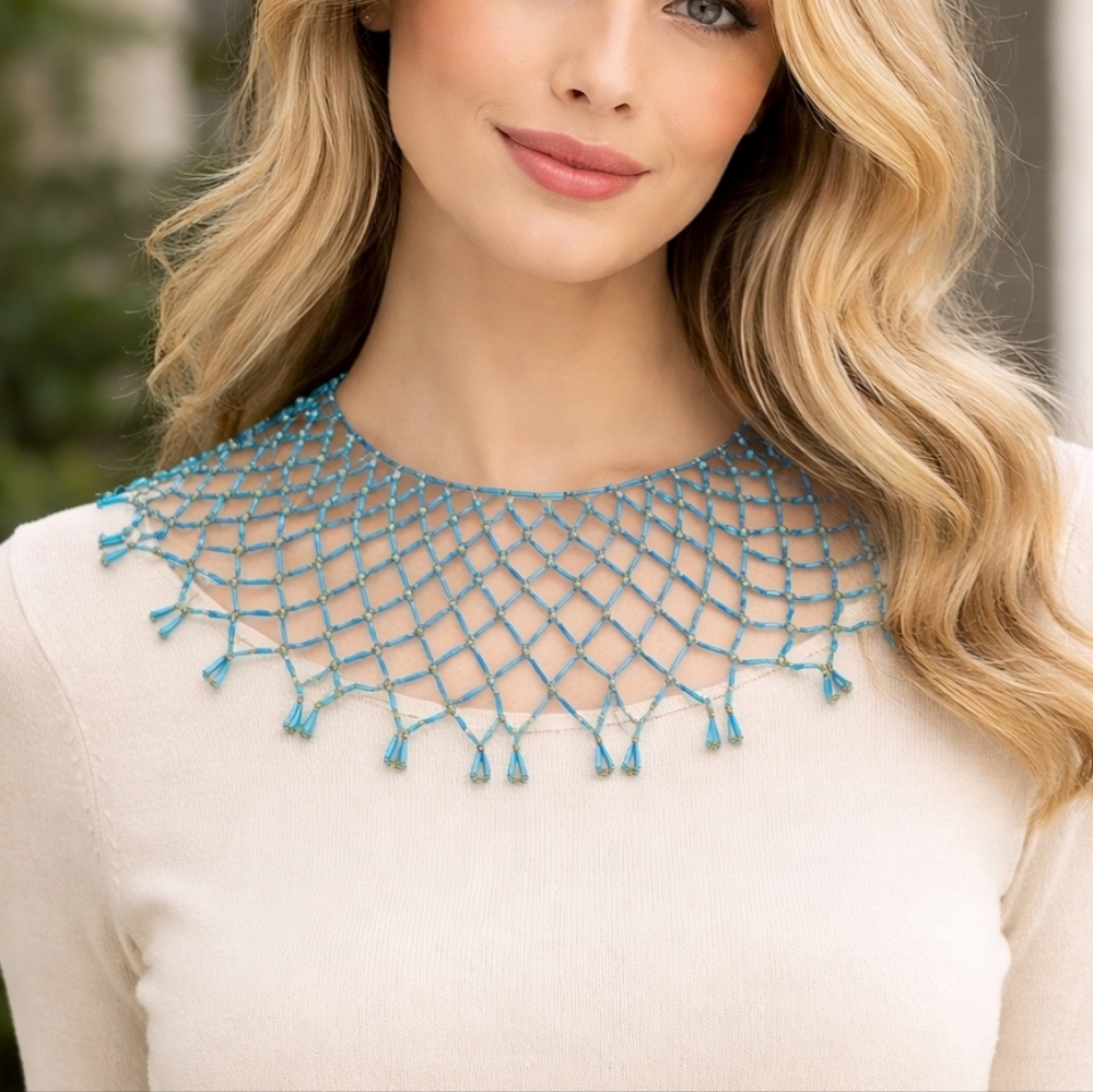 HANDMADE Turquoise Blue Beaded Net Lace Collar Festival Necklace